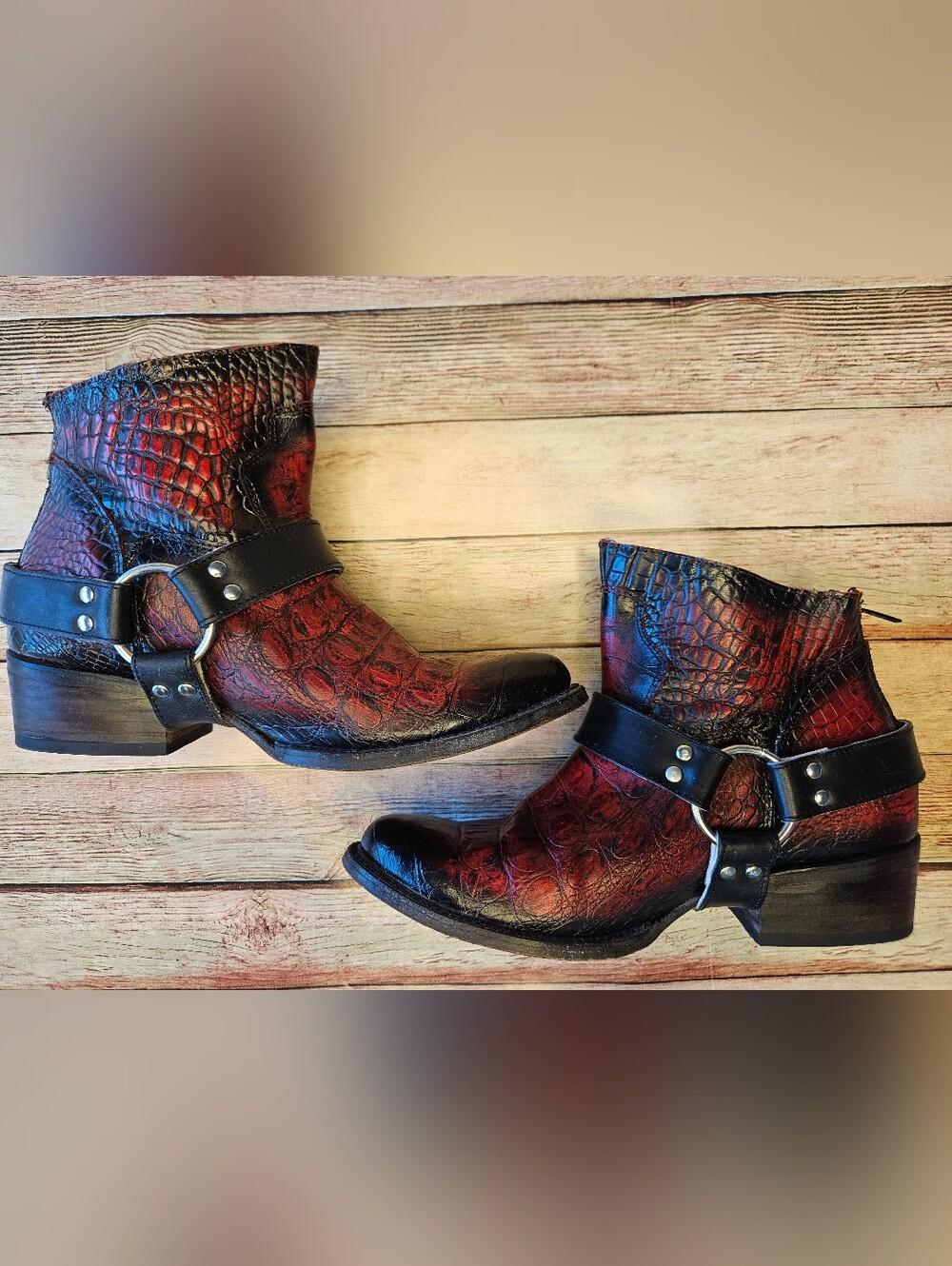 Freebird by Steven Santiago red and black crocodile-embossed leather ankle boots